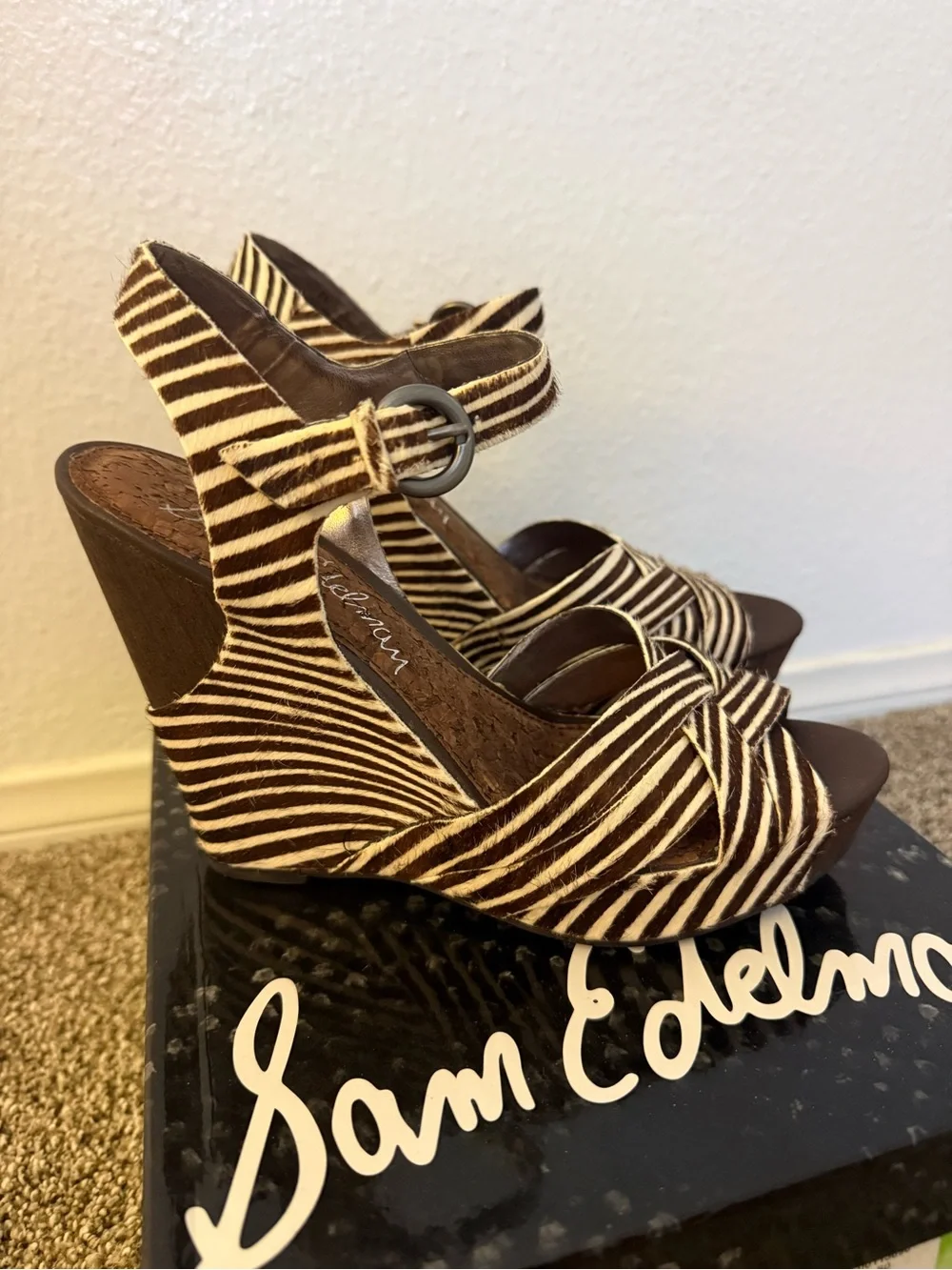 Sam Edelman Katrice zebra print  Women's Brown  Wedge Sandals size 7.5